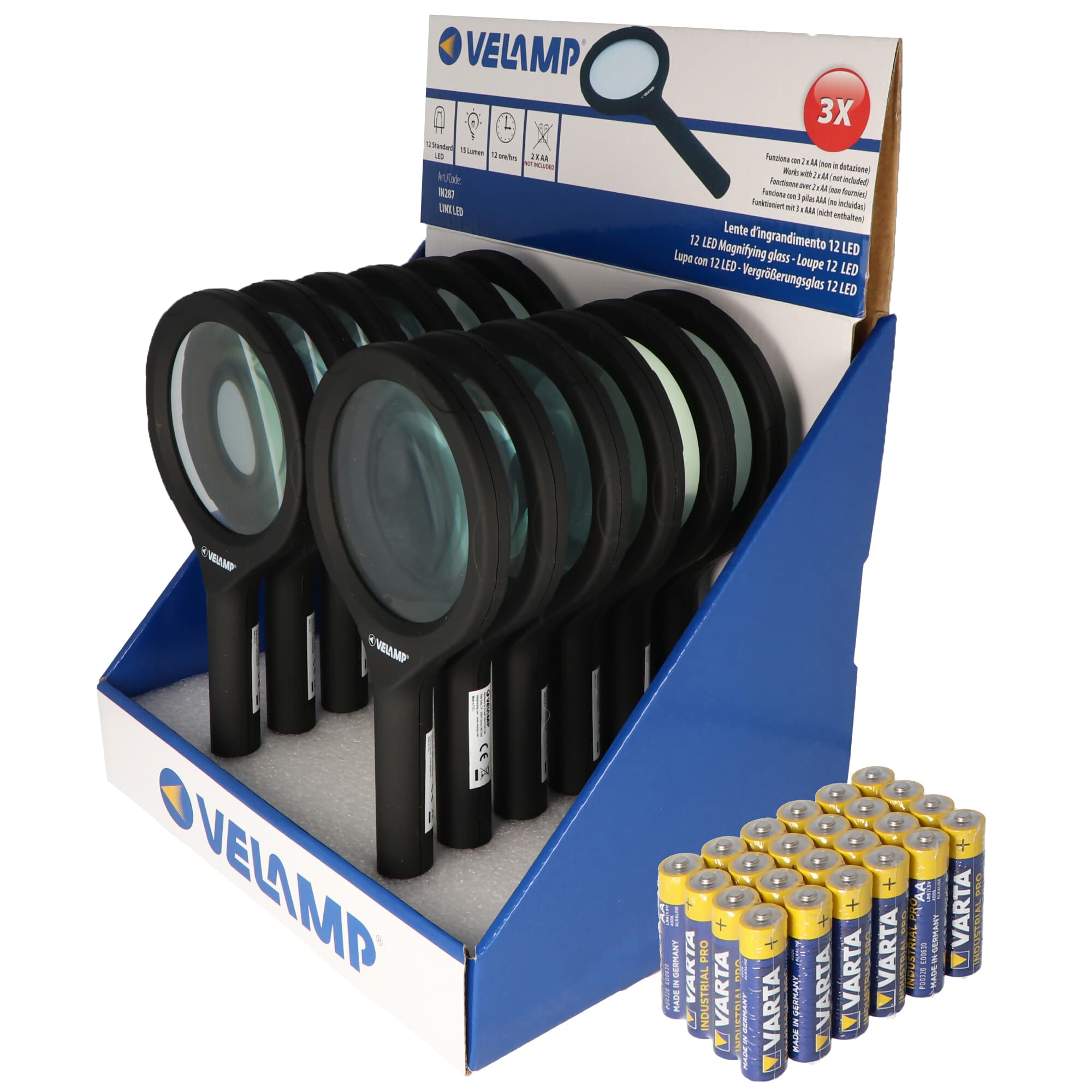 Présentoir de comptoir composé de 12 loupes avec éclairage LED et grossissement 3x avec 12 LED, IN287, idéal pour la lecture de journaux, magazines,