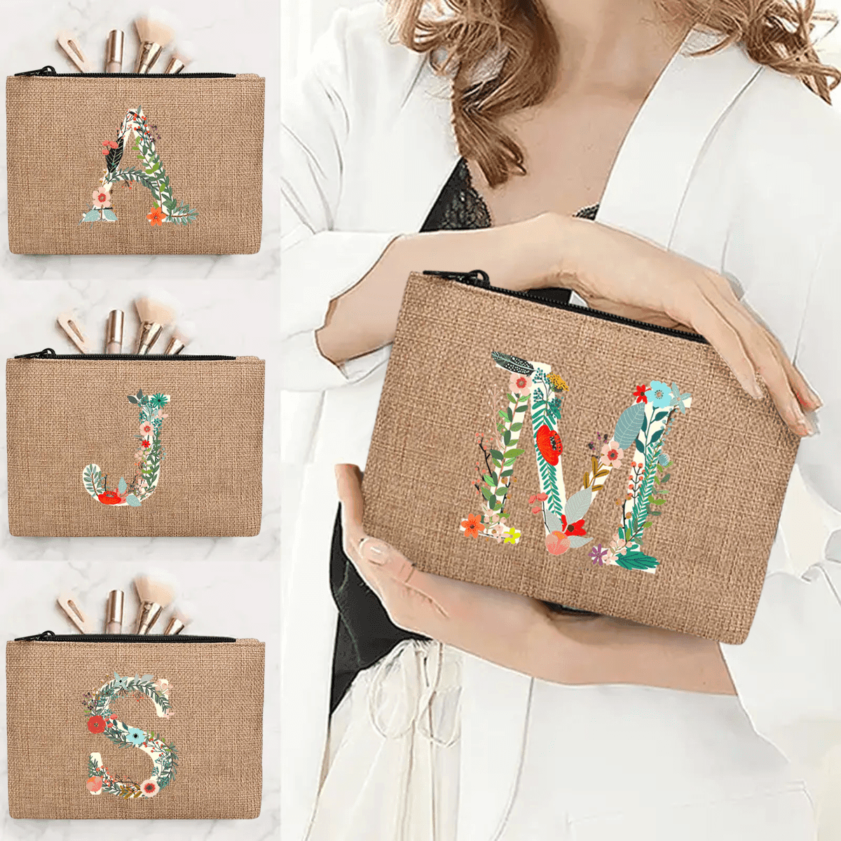 1 pièce Sac à fermeture éclair en lin à motif floral original, sacs cosmétiques de voyage, organiseur de produits de toilette pour femmes,