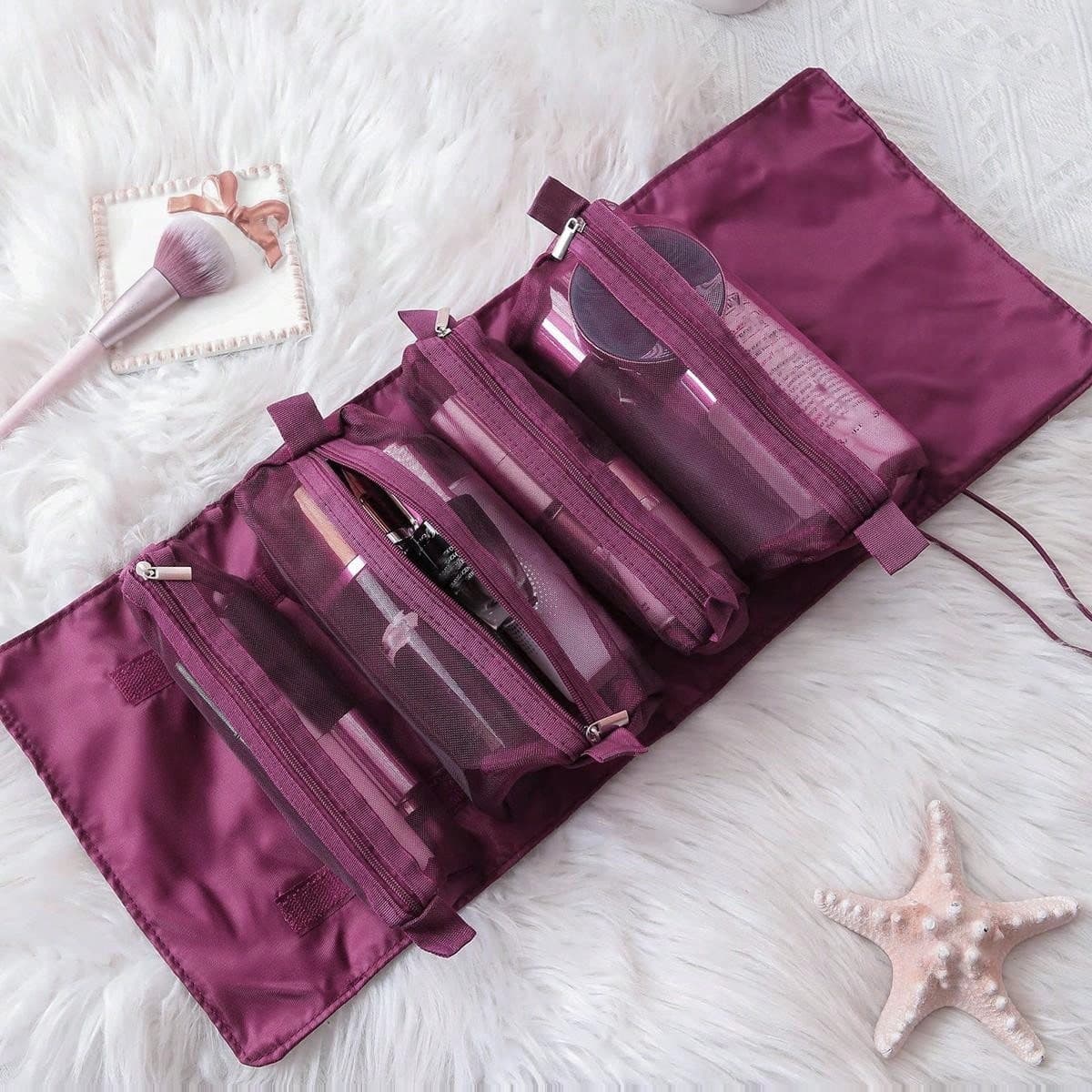 1 pièce Sac cosmétique de voyage rouge vin pour femmes, sac de rangement en maille pour maquillage et produits de beauté avec des compartiments